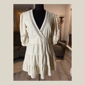 VENUS Boho Ivory Long Sleeve Dress with Crochet Trim